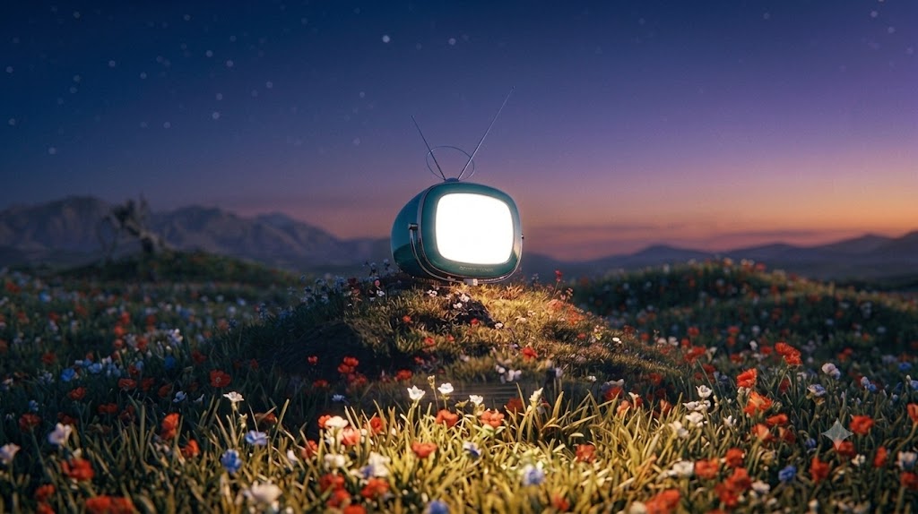 A glowing retro TV on a hill of wildflowers at dusk, surrounded by fireflies